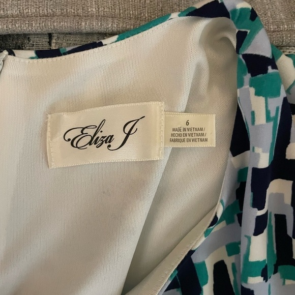Eliza J NWT Abstract Print Long Sleeve Ruched Sheath Midi Dress Blue Teal Gray - Picture 7 of 8